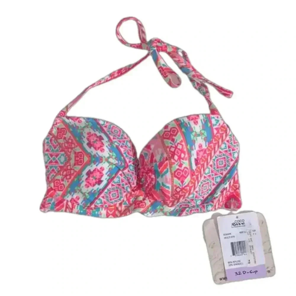 NWT Coco Rave 32D Nixie lightly padded halter bright bikini top pink blue